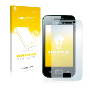 Front side of a product packaging with the brand logo upscreen. Next to it is the device Samsung Galaxy Ace S5830i shown with 