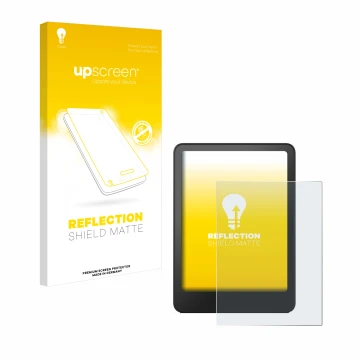 Front side of a product packaging with the brand logo upscreen. Next to it is the device Amazon Kindle Paperwhite 2012 shown w