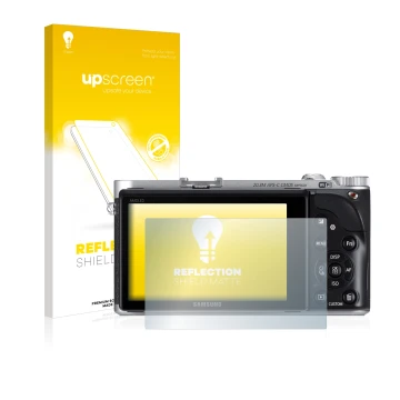 Front side of a product packaging with the brand logo upscreen. Next to it is the device Samsung NX300 shown with the correspo