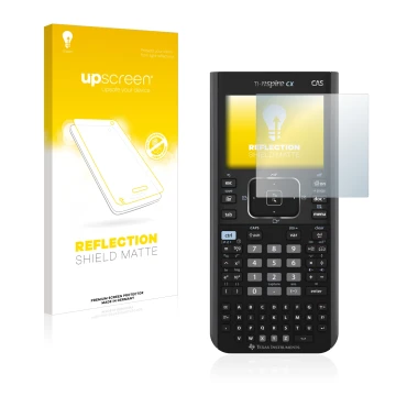 Front side of a product packaging with the brand logo upscreen. Next to it is the device Texas Instruments Nspire CX CAS shown