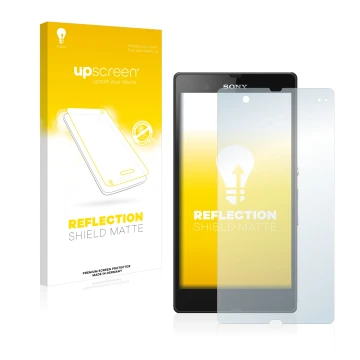 Front side of a product packaging with the brand logo upscreen. Next to it is the device Sony Xperia Z C6602 C6603 shown with 