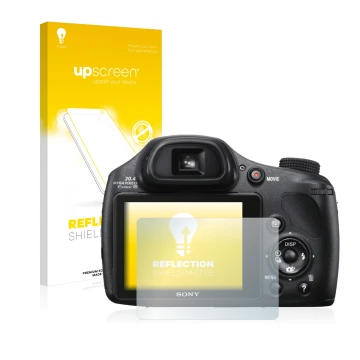 Front side of a product packaging with the brand logo upscreen. Next to it is the device Sony Cyber-Shot DSC-HX300 shown with 