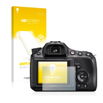 Front side of a product packaging with the brand logo upscreen. Next to it is the device Sony Alpha 58 (SLT-A58) shown with th