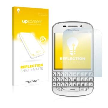 Front side of a product packaging with the brand logo upscreen. Next to it is the device BlackBerry Q10 shown with the corresp