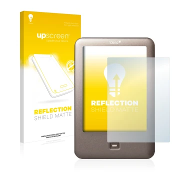 Front side of a product packaging with the brand logo upscreen. Next to it is the device Tolino Shine shown with the correspon