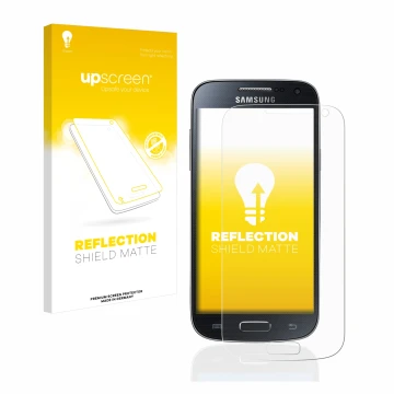 Front side of a product packaging with the brand logo upscreen. Next to it is the device Samsung Galaxy S4 Mini shown with the