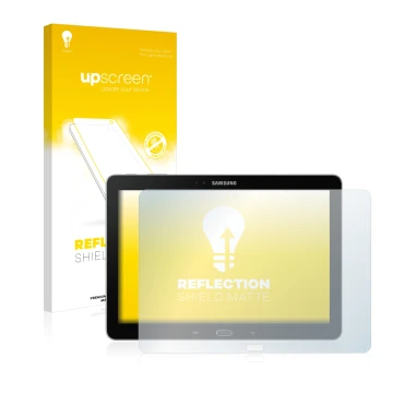 Front side of a product packaging with the brand logo upscreen. Next to it is the device Samsung Galaxy Note 10.1 2014 Edition