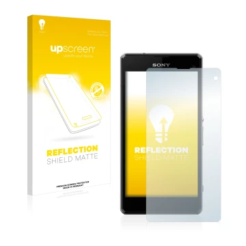 Front side of a product packaging with the brand logo upscreen. Next to it is the device Sony Xperia Z1 Compact D5503 shown wi