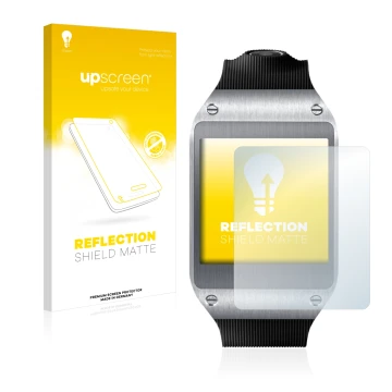 Front side of a product packaging with the brand logo upscreen. Next to it is the device Samsung Galaxy Gear V700 shown with t