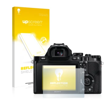 Front side of a product packaging with the brand logo upscreen. Next to it is the device Sony Alpha 7R (ILCE-7R) shown with th