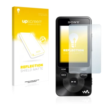 Front side of a product packaging with the brand logo upscreen. Next to it is the device Sony Walkman NWZ-E585 shown with the 