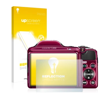 Front side of a product packaging with the brand logo upscreen. Next to it is the device Nikon Coolpix L830 shown with the cor