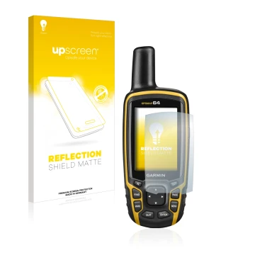 Front side of a product packaging with the brand logo upscreen. Next to it is the device Garmin GPSMAP 64 shown with the corre