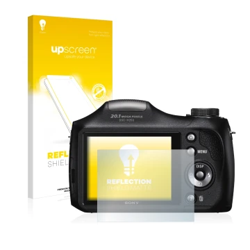 Front side of a product packaging with the brand logo upscreen. Next to it is the device Sony Cyber-Shot DSC-H300 shown with t