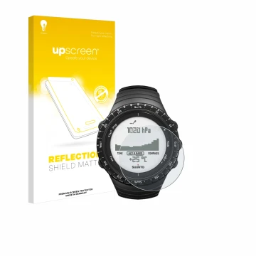 Front side of a product packaging with the brand logo upscreen. Next to it is the device Suunto Core Regular Black shown with 