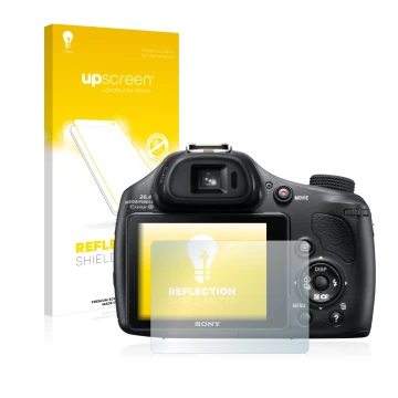 Front side of a product packaging with the brand logo upscreen. Next to it is the device Sony Cyber-Shot DSC-HX400V shown with