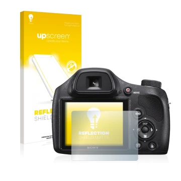 Front side of a product packaging with the brand logo upscreen. Next to it is the device Sony Cyber-Shot DSC-H400 shown with t