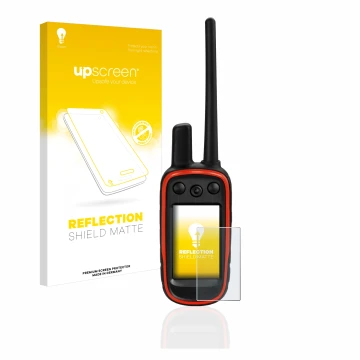 Front side of a product packaging with the brand logo upscreen. Next to it is the device Garmin Alpha 100 shown with the corre