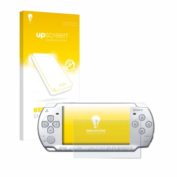 Front side of a product packaging with the brand logo upscreen. Next to it is the device Sony PSP 2004 shown with the correspo