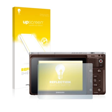 Front side of a product packaging with the brand logo upscreen. Next to it is the device Samsung NX Mini shown with the corres