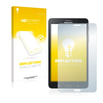 Front side of a product packaging with the brand logo upscreen. Next to it is the device Samsung Galaxy Tab Tab 4 7.0 LTE show