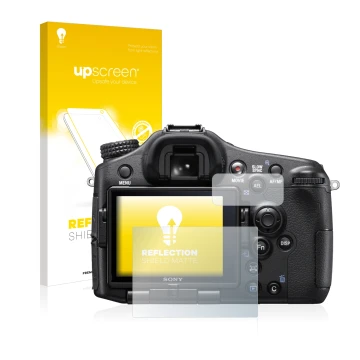 Front side of a product packaging with the brand logo upscreen. Next to it is the device Sony Alpha 77 II (SLT-A77 II) shown w