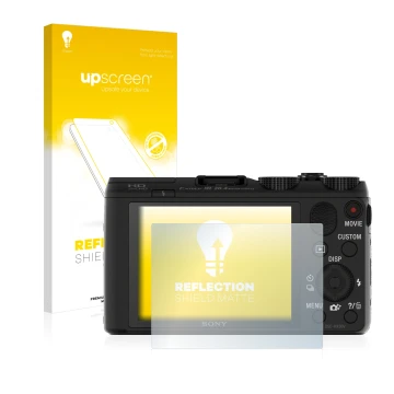 Front side of a product packaging with the brand logo upscreen. Next to it is the device Sony Cyber-Shot DSC-HX50 shown with t