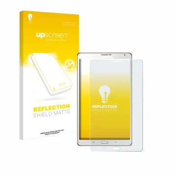 Front side of a product packaging with the brand logo upscreen. Next to it is the device Samsung Galaxy Tab S 8.4 SM-T705 show