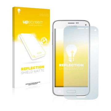 Front side of a product packaging with the brand logo upscreen. Next to it is the device Samsung Galaxy S5 Mini SM-G800 shown 