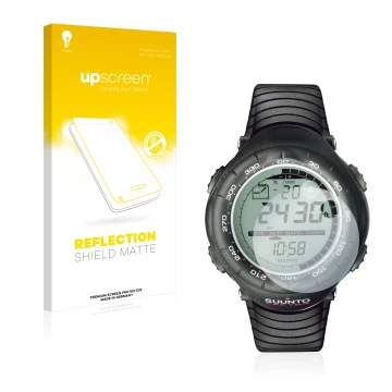 Front side of a product packaging with the brand logo upscreen. Next to it is the device Suunto Vector Black shown with the co