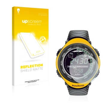 Front side of a product packaging with the brand logo upscreen. Next to it is the device Suunto Vector Yellow shown with the c