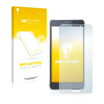 Front side of a product packaging with the brand logo upscreen. Next to it is the device Samsung Galaxy Alpha SM-G850F shown w