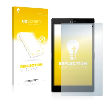 Front side of a product packaging with the brand logo upscreen. Next to it is the device Sony Xperia Z3 Tablet Compact SGP611,