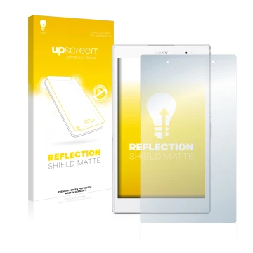 Front side of a product packaging with the brand logo upscreen. Next to it is the device Sony Xperia Z3 Tablet Compact SGP621 