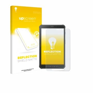 Front side of a product packaging with the brand logo upscreen. Next to it is the device Samsung Galaxy Tab Active SM-T365 sho