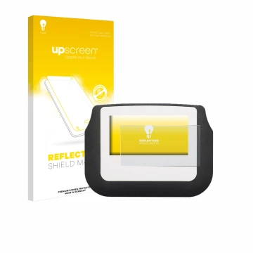 Front side of a product packaging with the brand logo upscreen. Next to it is the device Signotec Signature Pad Sigma shown wi