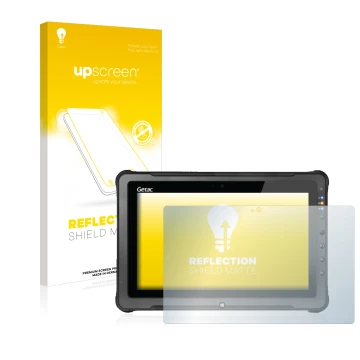 Front side of a product packaging with the brand logo upscreen. Next to it is the device Getac F110 G5 shown with the correspo