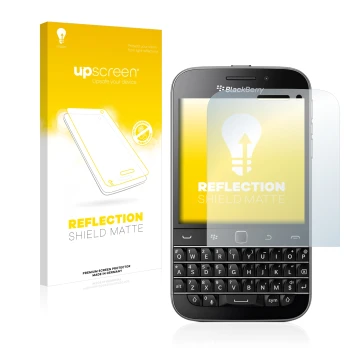 Front side of a product packaging with the brand logo upscreen. Next to it is the device Blackberry Classic Q20 shown with the