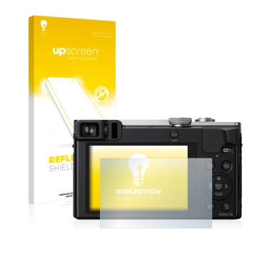 Front side of a product packaging with the brand logo upscreen. Next to it is the device Panasonic Lumix DMC-TZ71 shown with t