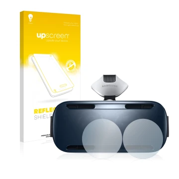 Front side of a product packaging with the brand logo upscreen. Next to it is the device Samsung Gear VR shown with the corres