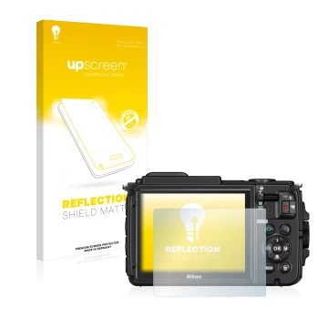 Front side of a product packaging with the brand logo upscreen. Next to it is the device Nikon Coolpix AW130 shown with the co