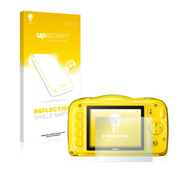 Front side of a product packaging with the brand logo upscreen. Next to it is the device Nikon Coolpix S33 shown with the corr