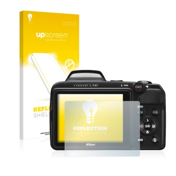 Front side of a product packaging with the brand logo upscreen. Next to it is the device Nikon Coolpix L340 shown with the cor