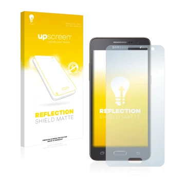 Front side of a product packaging with the brand logo upscreen. Next to it is the device Samsung Galaxy Grand Prime SM-G530FZ 