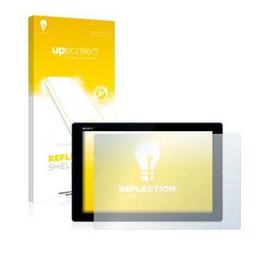 Front side of a product packaging with the brand logo upscreen. Next to it is the device Sony Xperia Z4 Tablet shown with the 