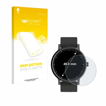Front side of a product packaging with the brand logo upscreen. Next to it is the device Watches (Circular, ø: 46 mm) shown wi