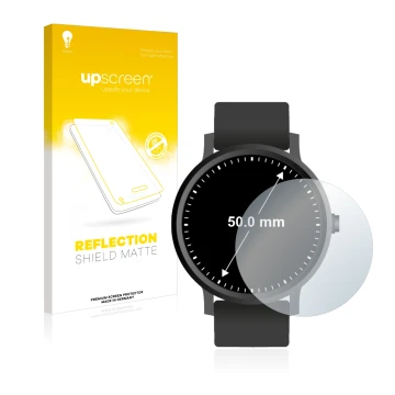 Front side of a product packaging with the brand logo upscreen. Next to it is the device Watches (Circular, ø: 50 mm) shown wi