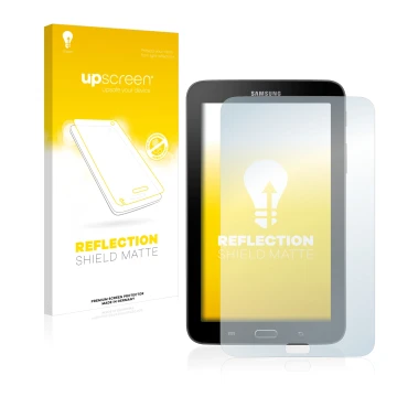 Front side of a product packaging with the brand logo upscreen. Next to it is the device Samsung Galaxy Tab 3 SM-T113 shown wi