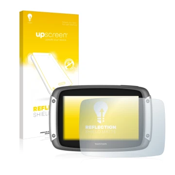 Front side of a product packaging with the brand logo upscreen. Next to it is the device TomTom Rider 400 shown with the corre