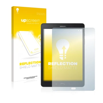 Front side of a product packaging with the brand logo upscreen. Next to it is the device Samsung Galaxy Tab A 9.7 shown with t